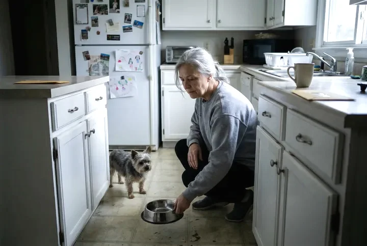 Woman feeding her senior dog in a warm kitchen