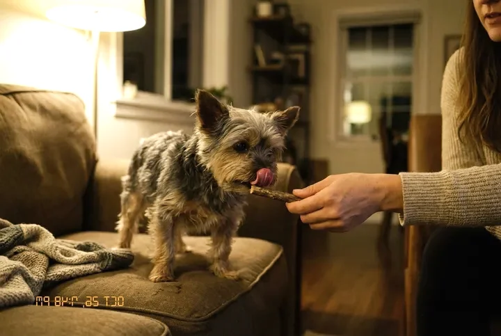 Dog licking a dental stick